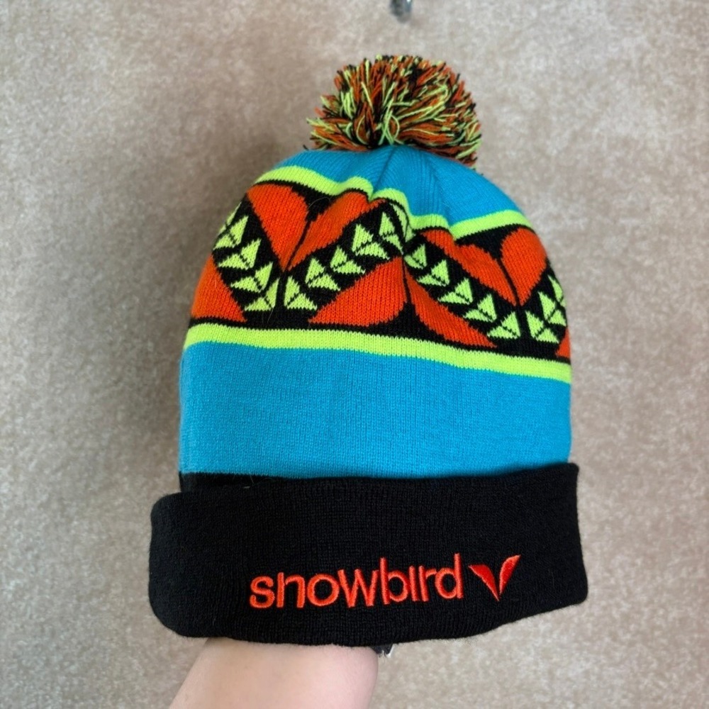 SNOWBIRD‎ Ski Resort Pom Beanie Hat One Size Neon Retro
